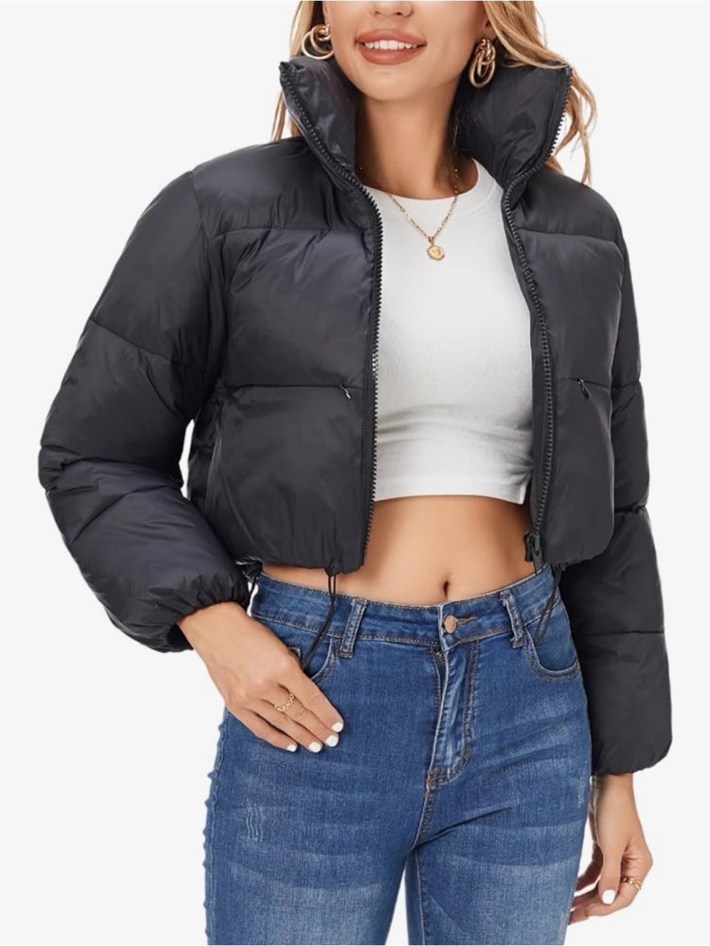 Fuinloth - Cropped Black Puffer Jacket for Women - Lightweight Insulated